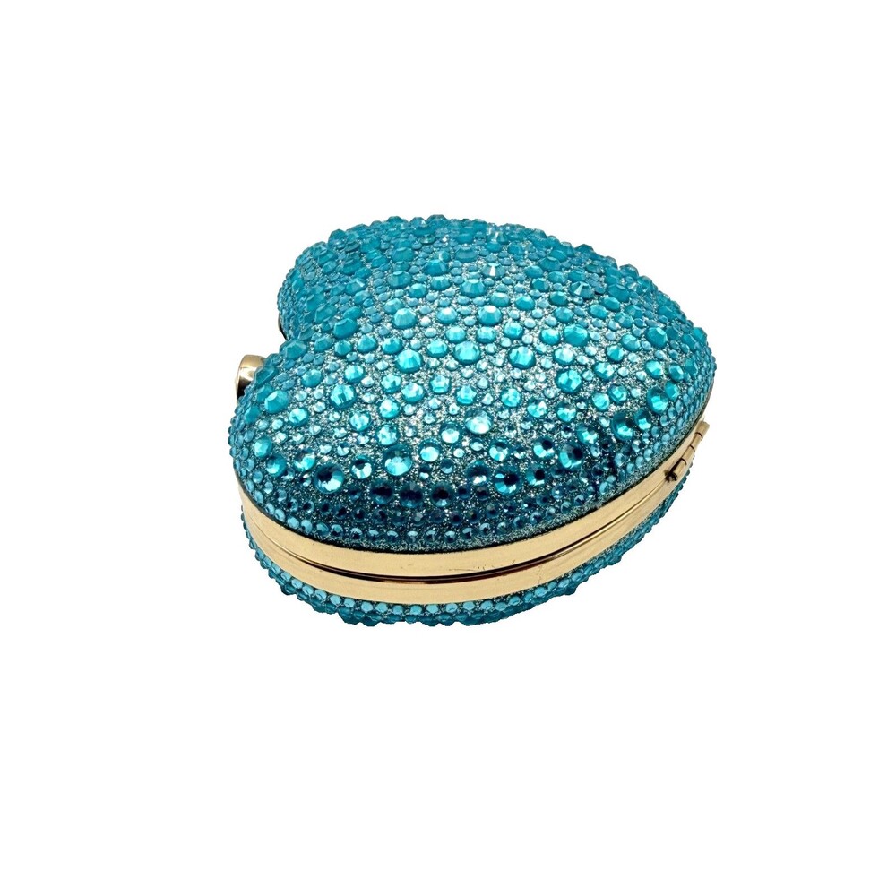 Blue Crystal Heart Clutch Bag Gold Handle Formal Evening Cocktail Purse NEW - Picture 5 of 8